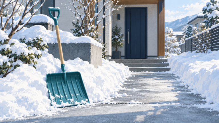 除雪した玄関前の通路と雪かき用スコップ