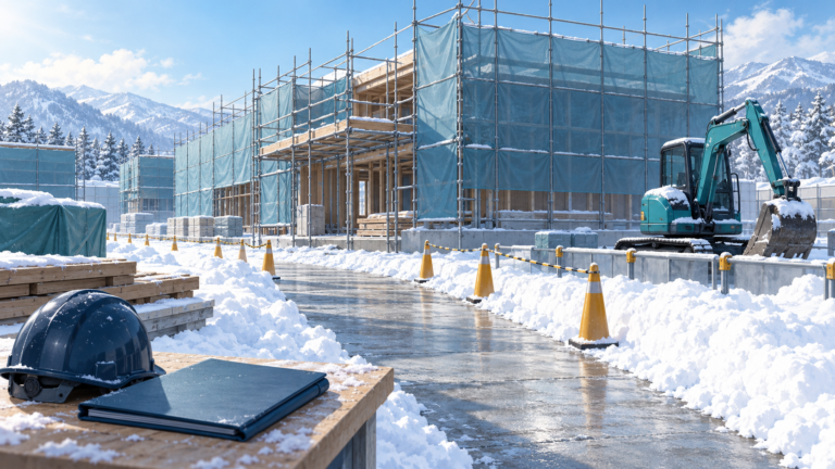 雪が積もった建設現場と除雪された通路